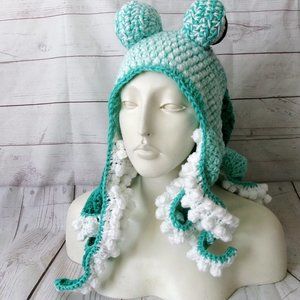 Crochet Adult Size Mint Green Ombre and White Octopus Hat